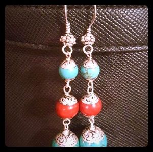 Tibetan silver and coral and turquoise earrings